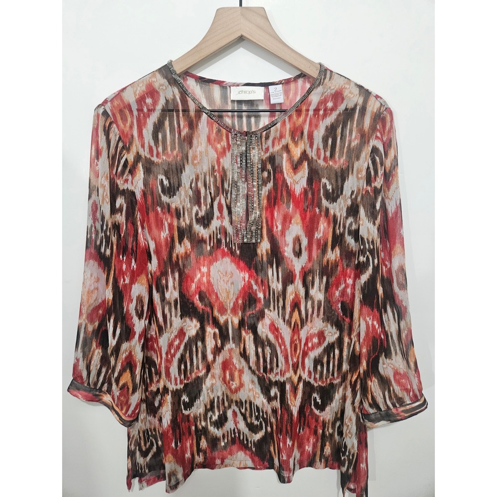 Chicos Red Brown Ikat Beaded Split Neck‎ Sheer Blouse Top Size 2 L Large